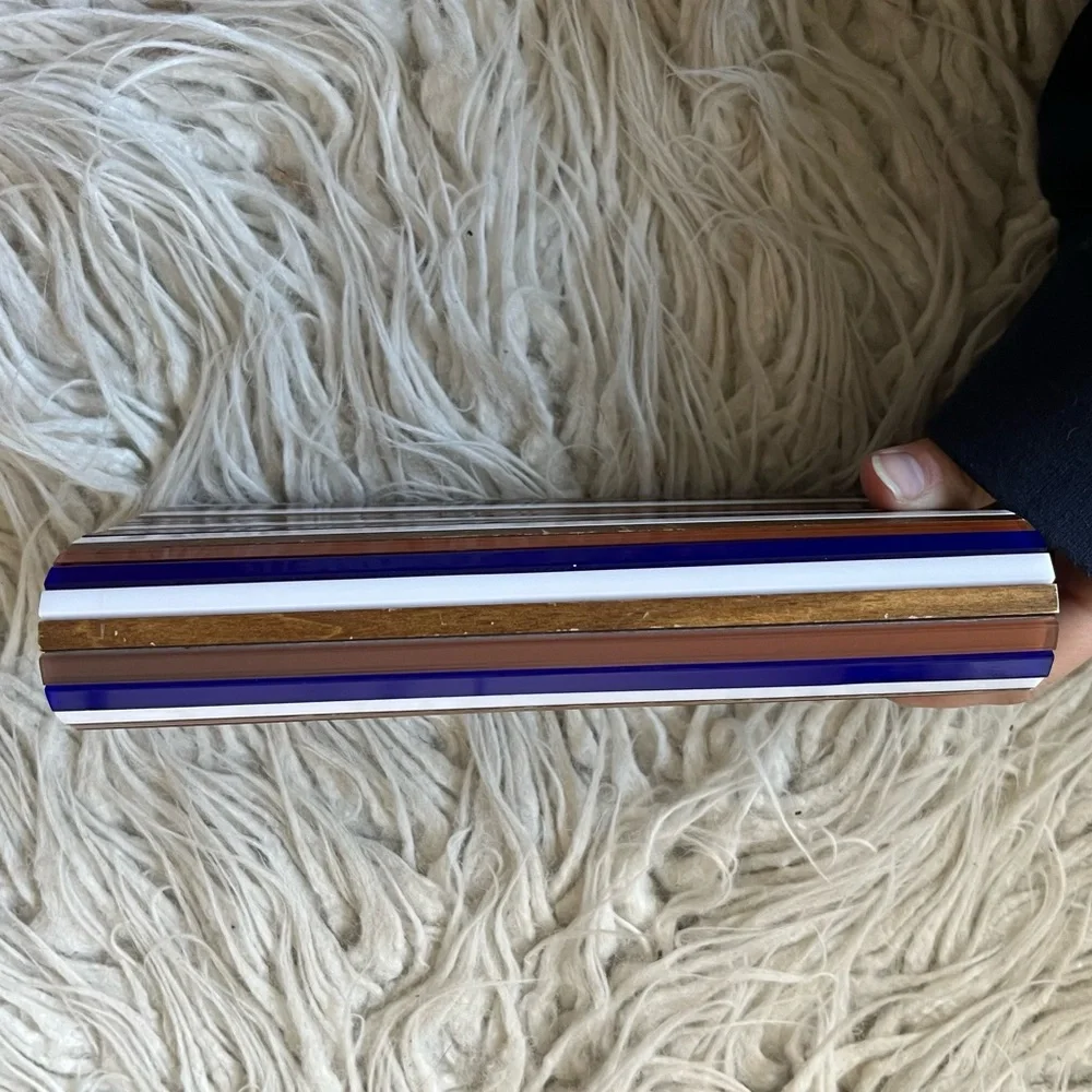 Tory Burch Reyna Multicolor Block Resin Brown Wood Striped Glossy Clutch Bag OS